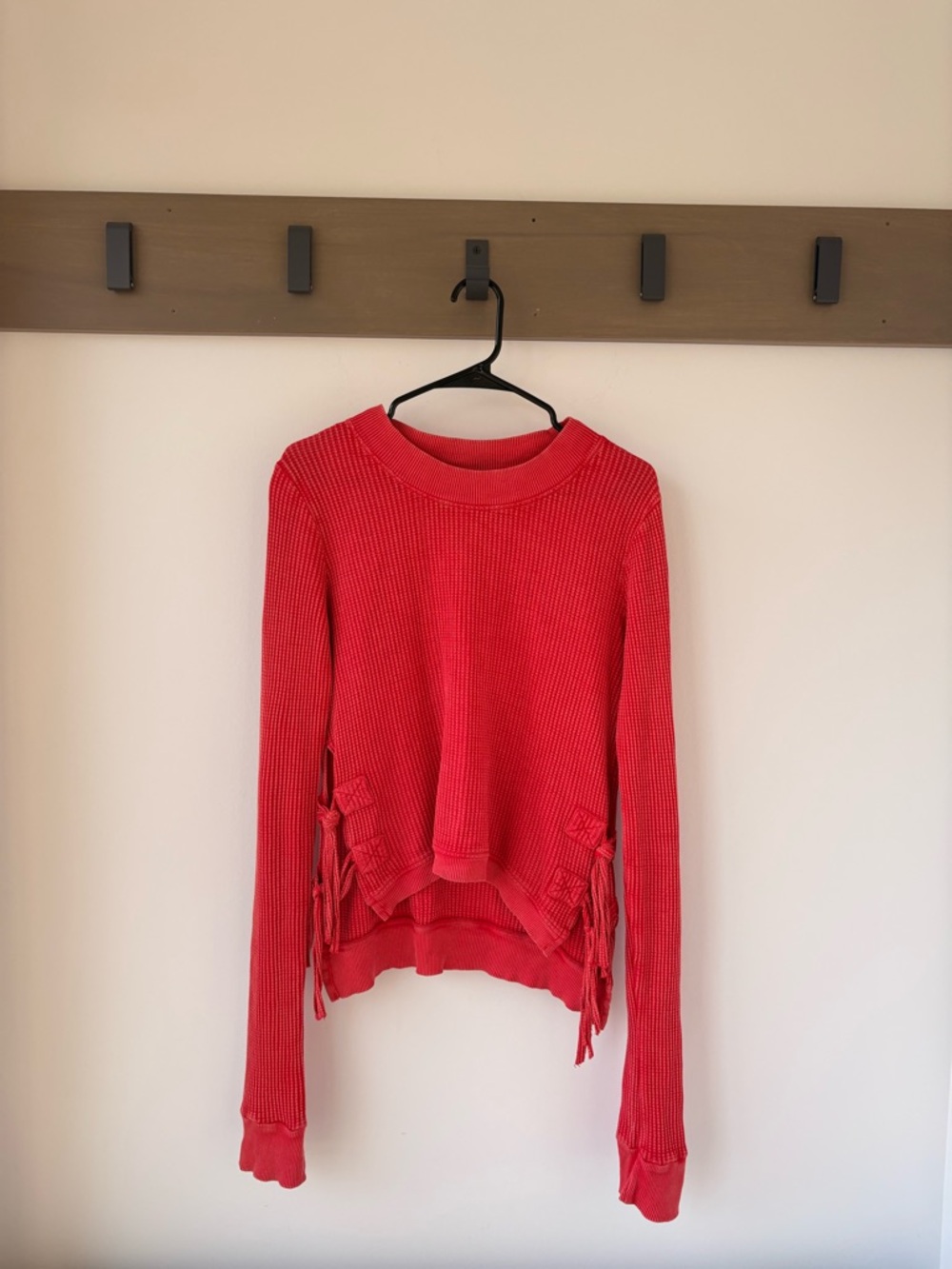 Free People Waffle Thermal Top Red Side Tie Long Sleeve Size M